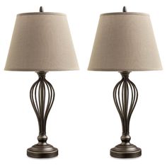 a pair of lamps sitting next to each other