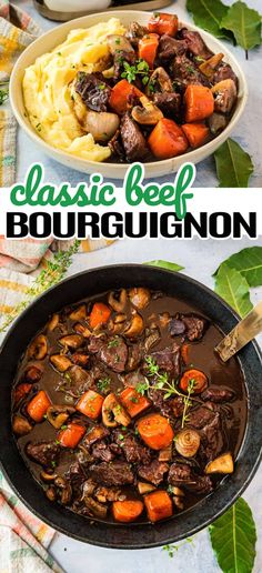 beef bourguignon with mashed potatoes and carrots in a skillet