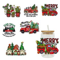 christmas stickers with trucks and trees on them