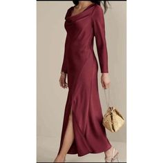 Elevate Your Style With This Stunning Soft Surroundings Solange Satin Dress. The Dress Comes With A Gathered Neckline, Long Sleeves, And A Zip Closure For A Perfect Fit. This Dress Is Perfect For A Wedding, Party/Cocktail, Or Formal Occasion. It Is Made Of A Comfortable Combination Of Polyester And Spandex, In A Gorgeous Red Color That Will Turn Heads. The 3/4 Sleeves Add A Touch Of Elegance To The Dress, Which Falls To A Long Length For A Classic, Sophisticated Look. This Dress Is Perfect For A Elegant Bias Cut Fall Dresses, Bias Cut Evening Dresses For Fall, Elegant Red Bias Cut Dress, Fitted Bias Cut Dresses For Fall, Long Sleeve Bias Cut Formal Dress, Red Bias Cut Dress For Formal Occasions, Elegant Burgundy Midi Dress For Formal Occasions, Elegant Burgundy Midi Dress, Burgundy Maxi Dress For Formal Fall Events