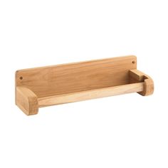 a wooden shelf with two hooks on it