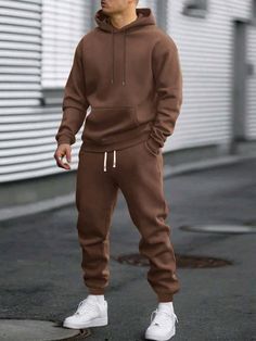 Hoodie And Sweatpants Outfit Men, Boys Clothing Styles, Sweat Pants Men, Brown Tracksuit, Hoodie And Sweatpants Outfit, Hoodie And Sweatpants Set, Autumn Hoodie, Drawstring Waist Pants, Mesh Fashion