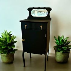 two potted plants are next to a black cabinet with a mirror on the top