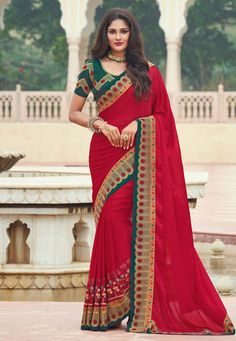 Buy Indian Wedding Party Wear Saree Red silk festival wear saree 3607 online in USA, UK and Canada from KollyBollyEthnics.com Designer Sarees Collection, Embroidered Saree, Indian Sarees Online, Half Sleeve Blouse, Designer Sarees Online, Embroidery Saree, Art Silk Sarees, Red Saree, Saree Look