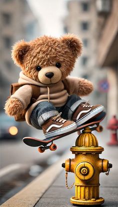 a teddy bear is jumping over a fire hydrant with a skateboard on it