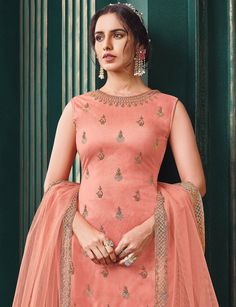 Salmon Pink Designer Embroidered Net Wedding Pant Suit-Saira's Boutique Semi-stitched Traditional Drape Set For Ceremony, Semi-stitched Sharara For Eid Ceremony, Anarkali Sets For Eid Ceremony, Semi-stitched Sets For Eid Ceremony, Wedding Fitted Churidar With Floral Embroidery, Eid Ceremony Anarkali Sets, Fitted Embroidered Art Silk Palazzo Set, Unstitched Ceremony Set With Dupatta, Resham Embroidery Sets For Eid Ceremony