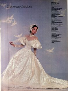 a woman in a white wedding dress with birds flying around her neck and shoulders, on the cover of a magazine