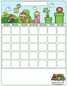 the super mario bros birthday calendar is shown in this cartoon character poster, which features characters from