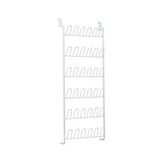 a white metal rack with five rows of hooks on the top and one shelf below it