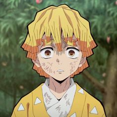 an anime character with blonde hair and brown eyes looks at the camera while standing in front of some trees