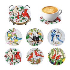 six coasters with different designs on them and a cup of coffee in the middle