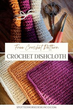 crochet dishcloths with scissors and yarn