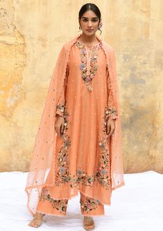 Niti Bothra-Peach Orchid Heavy Long Kurta Set-INDIASPOPUP.COM Peach Orchid, Long Kurta, Kurta Set For Women, Embroidered Pants, Embroidered Dupatta, Sharara Set, Pattern Embroidery, Organza Dupatta, Lace Flower