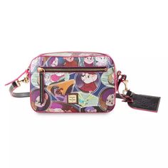 a small purse with cartoon characters on the front and shoulder strap, hanging from a lanyard