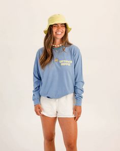 Introducing the UH Waves Long Sleeve Tee, where palm trees meet golden sunshine, offering a slice of coastal paradise wherever you go! Our high-quality 100% cotton tees are super soft and perfect for everyday wear. Product Details 100% Ring Spun Cotton Blue Extra Soft Made with Love Size + Fit Unisex Fits true to size, size up for an oversized fit Female model in the studio is 5'6 and wearing size M Female model on the beach is 5'6 and wearing size L Fit Female, Soft Clothes, Female Model, Cropped Tank Top, Long Sleeve Tee, Piece Of Clothing, Palm Trees, Long Sleeve Shirt, Cotton Tee