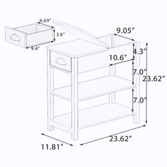 the measurements for an open shelf with drawers and shelves on each side, including one drawer