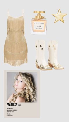 a woman's outfit and accessories including boots, lipstick, perfume bottle and star