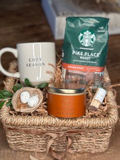 a basket filled with coffee and other items