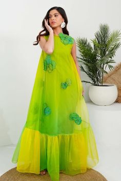 Lime yellow silk ombre-dyed organza dress with 3D coral applique hand embroidery and pleated frill detailing - Aza Fashions Green Organza Dress For Spring, Spring Green Organza Dress, Elegant Organza Dress With 3d Embroidery, Spring Organza Maxi Dress, Green Floral Dresses For Summer, Summer Party Maxi Dress With Floral Applique, Green Floral Embellished Summer Dress, Ombre Maxi Dress For Spring Evening, Multicolor Organza Floor-length Dress