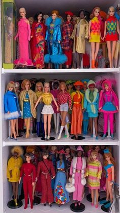 a bunch of dolls that are in a shelf