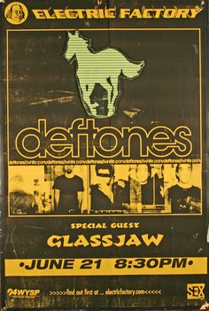 the poster for deftones is displayed in front of a black background with yellow and green colors