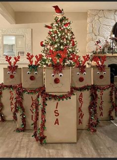 christmas presents wrapped in brown paper and decorated with reindeer noses