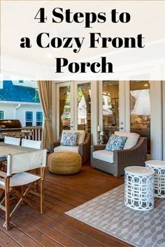 a porch with chairs, table and couches on the wooden floored patio area