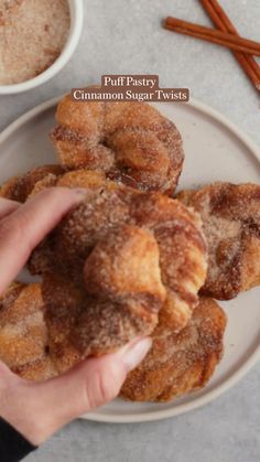 cinnamon sugar twists on a white plate with cinnamon sticks