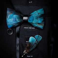 The Azul - Jack and Miles Bowtie Wedding, Feather Bow Ties, Leather Bow Tie, Lapel Pins Mens, Bow Tie Set, Blue Feather, Feather Design, Mens Bow Ties, Pocket Squares