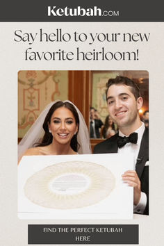 a man and woman are holding up a white piece of paper that says, say hello to your new favorite heir find the perfect ketubah