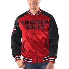 Draw attention to your personal style and Chicago Bulls devotion in this Renegade Varsity Satin full-snap jacket from Starter. Its contrast-color design highlights the Chicago Bulls team name in big, bold lettering across the front and their official logo on the back. You're sure to feel like an all-star fan when you sport this striking piece of outerwear. Rib-knit collar, cuffs and waist hem with woven stripes Brand: Starter Officially licensed Long sleeve Imported Machine wash, tumble dry low Fitted Outerwear With Button Closure For College, Fitted Varsity Jacket With Button Closure For College, Red Outerwear For Fall Sports Events, Classic Long-sleeve Outerwear For Sports Events, Classic Long Sleeve Outerwear For Sports Events, Classic Winter Outerwear For Sports Events, Long Sleeve Outerwear For Fall Sports Events, Fall Long Sleeve Outerwear For Sports Events, Fitted Winter Outerwear For Sports Events