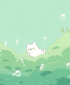 a white cat laying on top of a lush green field next to bubbles and plants