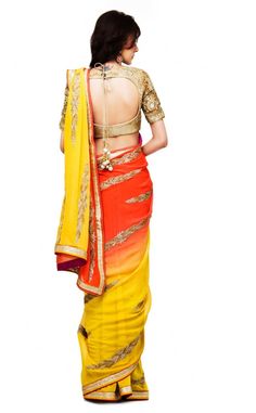 This designer saree is in yellow and orange dual color combination. Fabric of this designer saree is gorgette having hand embroidery work. Blouse of this saree is in golden color full of hand work embroidery. Perfect piece for party or wedding wear collection. Yellow Pre-draped Saree With Resham Embroidery, Yellow Pre-draped Saree For Festivals, Traditional Orange Georgette Pre-draped Saree, Orange Georgette Blouse Piece For Puja, Yellow Georgette Pre-draped Saree With Pallu, Yellow Pre-draped Saree With Zari Work, Orange Bollywood Pre-draped Saree With Zari Work, Yellow Bollywood Pre-draped Saree For Navratri, Bollywood Style Yellow Pre-draped Saree For Navratri