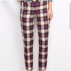 Nwot. Tartan Plain. Very Soft, Sleek And Classy. Slim Leg 15.5” Waist, 10” Rise, 28.5” Inseam. Tailored Plaid Casual Bottoms, Tailored Casual Plaid Pants, Fitted Plaid Trousers, Fitted Plaid Straight Pants, White Linen Cropped Pants, Tan Chinos, Navy Blue Leggings, White Chinos, Cropped Linen Pants