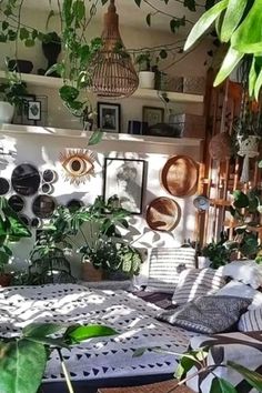 a room filled with lots of plants and pictures on the wall