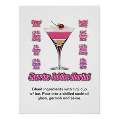 a pink and white cocktail poster with the words, glaseress ablie martini