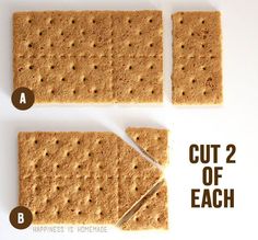 four pieces of crackers with the words cut 2 of each on top and bottom