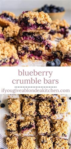 blueberry crumble bars are stacked on top of each other and ready to be eaten