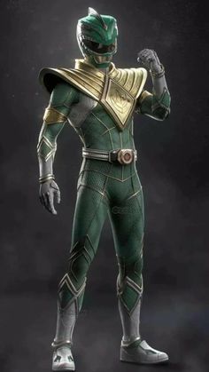 the green ranger from power rangers standing in front of a dark background with his hand on his hip