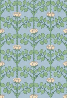 a blue and green wallpaper with flowers on it