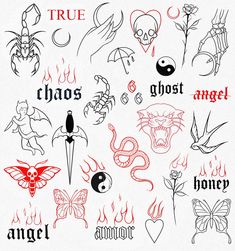 an image of tattoo designs on white paper with red and black ink, including the words true