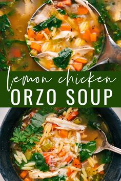 lemon chicken orzo soup in a bowl with spoons