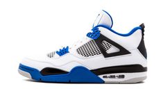 Jordan Brand wastes no time delivering heat in 2017, as the famed Air Jordan 4 "Motorsports" colorway returns.  Save for the missing Mars Blackmon logo on the heel, the rest of the shoe is true to the original, with a vibrant white leather upper and Varsity Blue accents on the midsole, inner lining, and branding.  Black also accents the midsole, heel, and mesh insert to complete the look. Mars Blackmon, Motorsport Shoes, Jordan 4 White, Jordan Shoes Girls, Jordan Shoes Retro, Cute Nike Shoes, Jordan 4 Retro, Hype Shoes, Cute Nikes