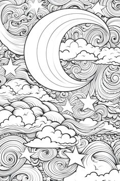 a black and white drawing of clouds, stars and the moon in the night sky