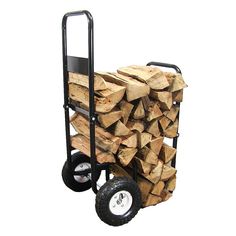 a hand truck filled with firewood logs