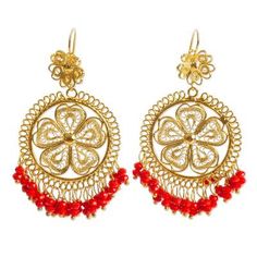 Donaji Salgado of Mexico creates these pretty filigree chandelier earrings working with 10k gold plated copper wire. The ornate earrings are accented with scarlet crystal beads that swing freely from the bottom. Festive Red Beaded Earrings, Ornate Red Filigree Earrings, Red Filigree Dangle Earrings, Gold Bohemian Beaded Earrings For Festive Occasions, Festive Gold Beaded Chandelier Earrings, Elegant Red Earrings With Gold Beads, Bohemian Gold Beaded Earrings For Festive Occasions, Red Dangle Filigree Jewelry, Red Filigree Dangle Jewelry