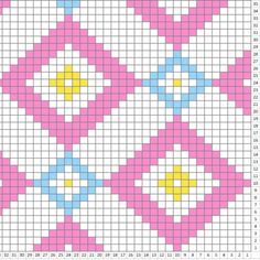 a cross stitch pattern in pink, yellow and blue