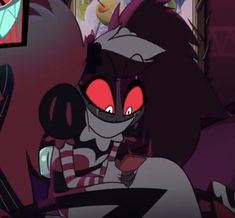 an animated character with red eyes and headphones sitting in front of a computer monitor