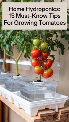 tomatoes and other vegetables growing in plastic containers on a shelf with text overlay that reads home hydroponies 15 must - know tips for growing tomatoes