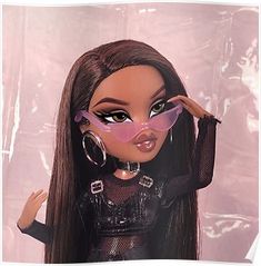 a barbie doll with long brown hair and big hoop earrings holding her nose in front of her face